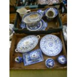 Two trays of blue and white tableware to
