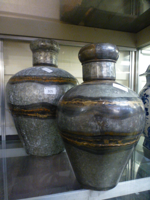 Two reproduction eastern metalware urns