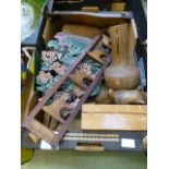Two trays of wooden items to include a w
