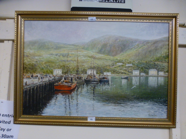 A gilt framed oil on canvas of fishing h