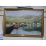 A gilt framed oil on canvas of fishing h