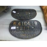 Two cast metal railway carriage plates