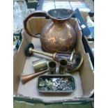 A tray of assorted brass and copper ware