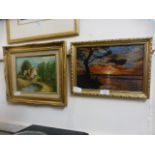 Two gilt framed oils on board of country