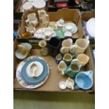 Two trays of ceramic water jugs and plat