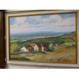 A framed oil on board of countryside sce