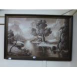 A framed oil on canvas of river scene si