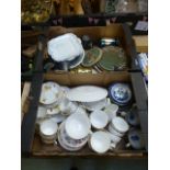 Two trays of ceramic and metalware to in