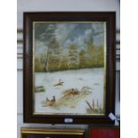 A modern framed oil of pheasants in a wi