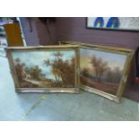 A pair of modern gilt framed oils on can