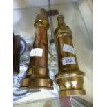 Two copper and brass fire hose nozzles