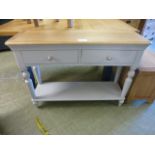 An oak topped grey based two drawer console table (27.