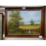 A framed oil on canvas of child in hayfield scene,