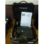 A Roland KC-110 stereo keyboard amplifier together with a Mackie micro series 1202 12 channel mixer