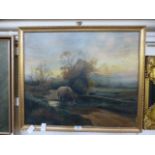 A framed oil on canvas of hay wagon in river scene, signed G Nicholson,