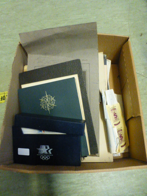 A carton of various early 20th century photographs, ephemera, Olympic games first day covers etc.