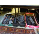 Three trays of assorted hand tools, drill bits, spanners etc.