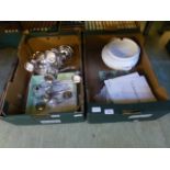 Two trays containing a plated candelabra, flatware, soup bowl, collectors plates etc.