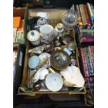 A tray containing an assortment of items to include ceramic ware, cocktail shaker, pot lid etc.