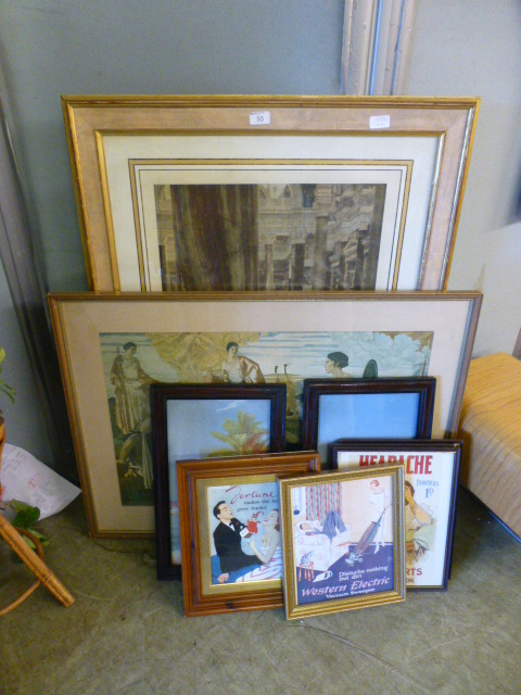 A selection of framed and glazed prints to include Russell Flint, advertising etc.