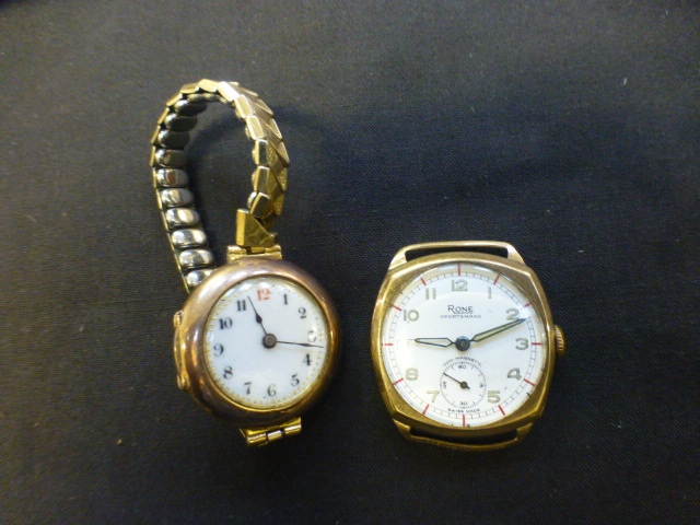 A gents 9ct gold and yellow metal Rone wristwatch together with a ladies 9ct gold cased watch