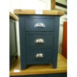 An oak topped and dark grey based three drawer bedside cabinet (9.