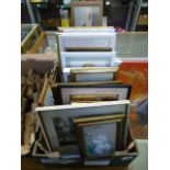 A tray containing a large quantity of framed and glazed prints, watercolours etc.