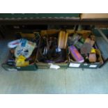 Three trays of DIY equipment and hand tools to include a large plumbers pipe cutter, shovels etc.