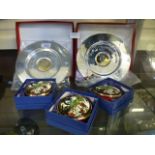 A selection of world championship rugby items to include two plated trays and three trinket boxes