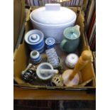 A tray containing a large white ceramic bread bin, Cornishware, Poole pottery etc.