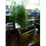 A brass effect magazine rack along with a green plant in pot