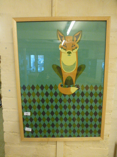 A framed and glazed tea towel depicting a fox