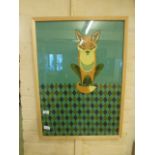 A framed and glazed tea towel depicting a fox