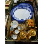 A tray containing two blue and white ceramic meat plates, cottage ware biscuit barrel,