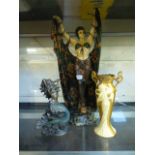 A modern Art Deco style figure of a lady together with a moulded model of a mermaid and a gilt