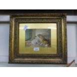 An ornate gilt framed and glazed print of child with a dog and cat,