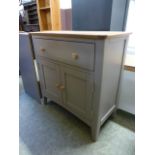 An oak topped grey based cabinet with single drawer over two cupboard doors (28.