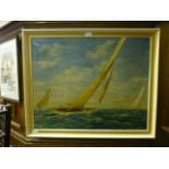 A framed oil on canvas of sailing vessels, signed L.