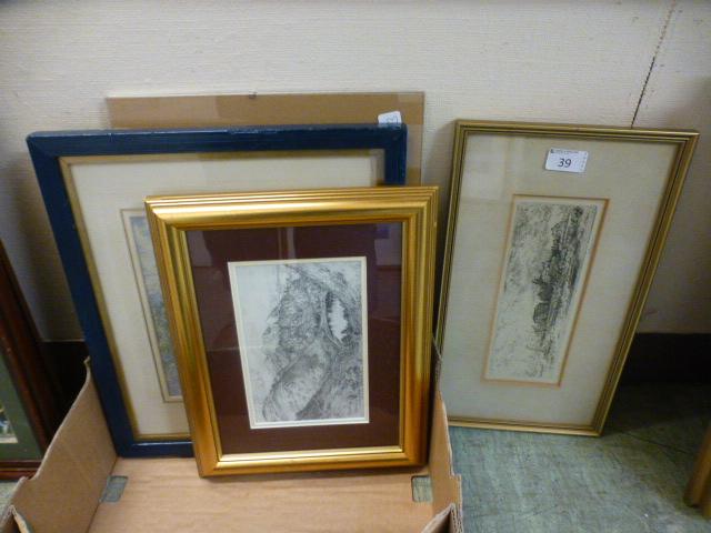 Four framed and glazed artworks to include etchings,