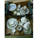 Two trays of ceramic tableware to include collectors plates, coffee pot etc.