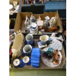 Two trays of ceramic ware to include horse figurines, candlestick, clocks etc.