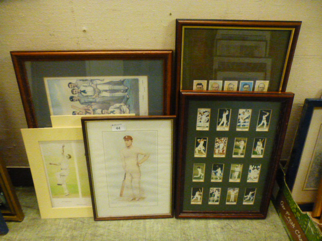 A collection of framed and glazed and unframed prints and cigarette cards on a cricket theme