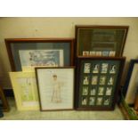 A collection of framed and glazed and unframed prints and cigarette cards on a cricket theme