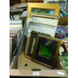 A tray containing framed oils, prints etc.