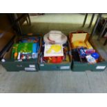 Three trays of children's items to include record player telephone etc.
