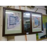 Two limited edition prints by Mark Fieldsend flanking a central mirror