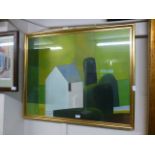 A framed and glazed oil on canvas of an abstract house in landscape,