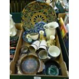A tray containing Poole pottery cups, saucer, compacts, studio ware, musical fruit stand etc. etc.