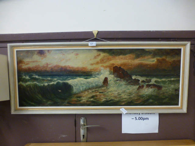 A framed unsigned oil on canvas of seascape