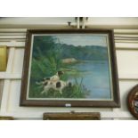 A framed oil on board of dogs looking over a lake, signed E.